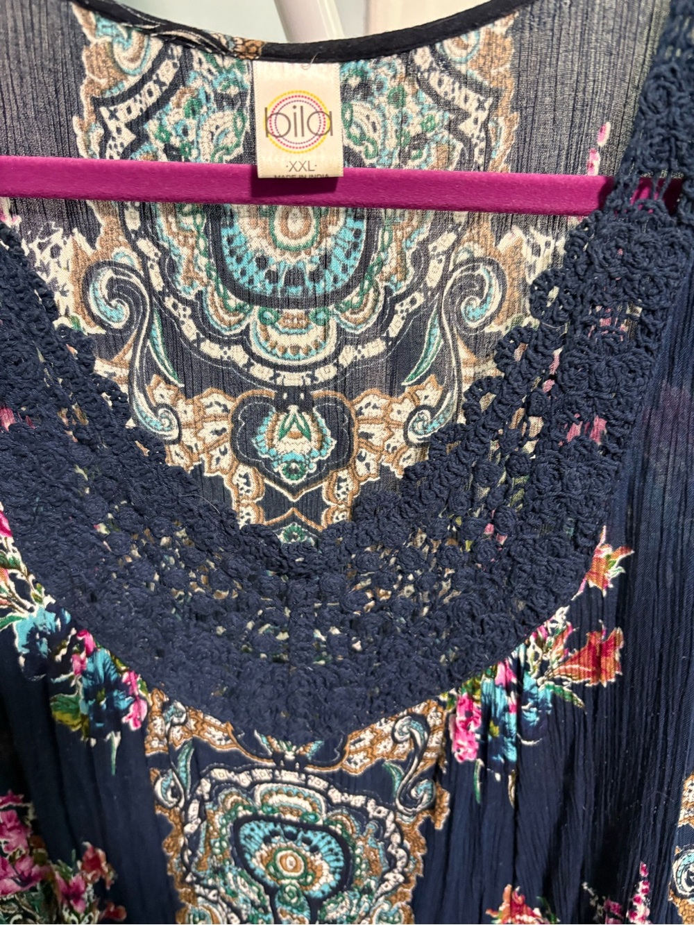 Women's Navy Boho Floral Maxi Dress with Lace Yoke Size 2x - Picture 2 of 8